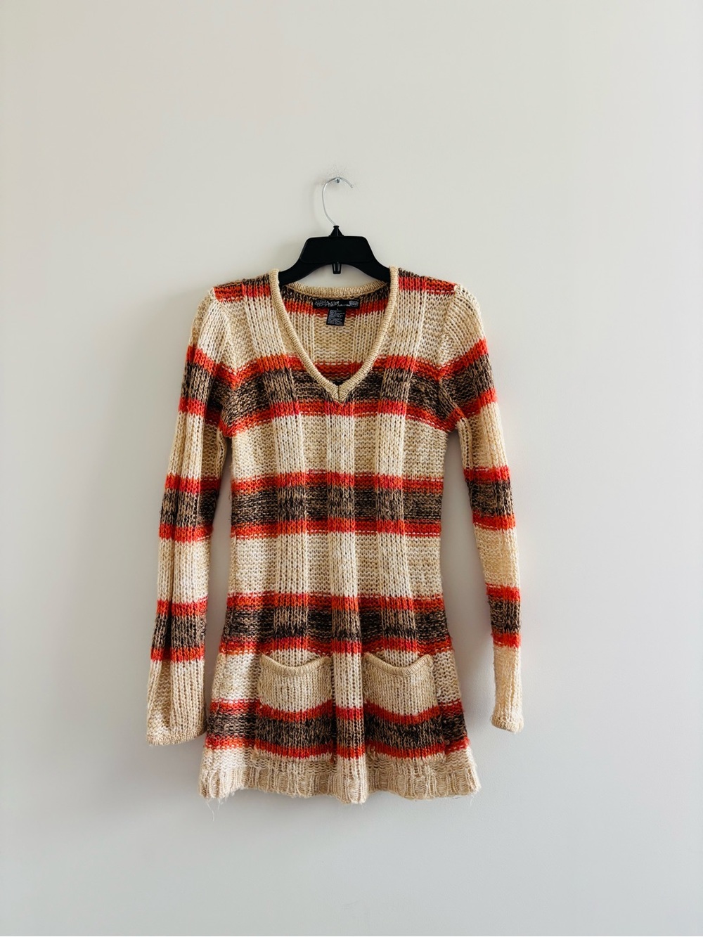 Y2K VTG Ashley Sweater Tunic Pockets Orange Brown Stripe Knit V-Neck L Bella